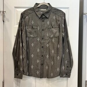 Beans & Bones Button Up Shirt Grey Geometric Tribal Print Quilted Shoulder L